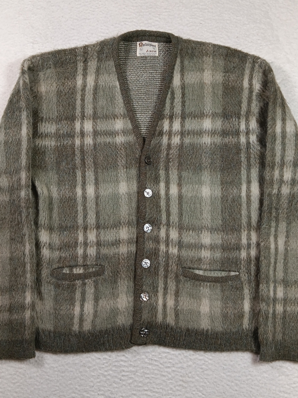 Vintage 60s Masterpiece Cardigan Mens Large Mohair Orlon Shaggy Kurt Cobain